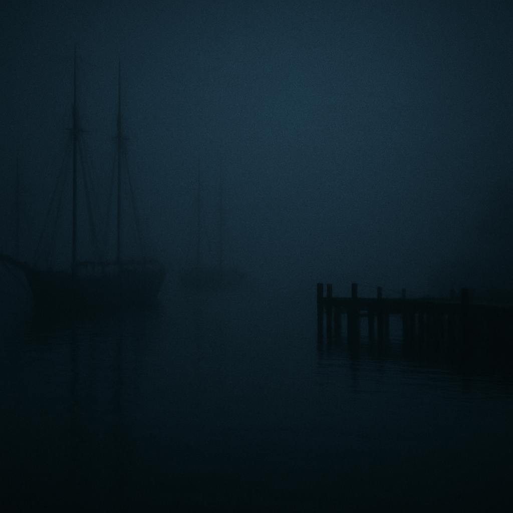 A dark harbor shrouded in fog at night